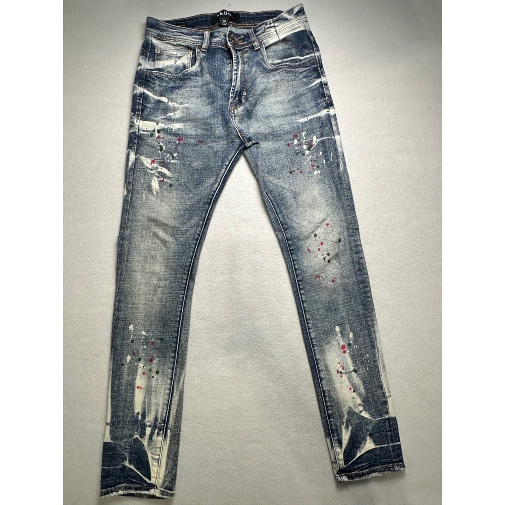 AKOO Slim Fit Jeans Mens 30 Blue Acid Wash Paint Splatter Streetwear Denim - Picture 2 of 15